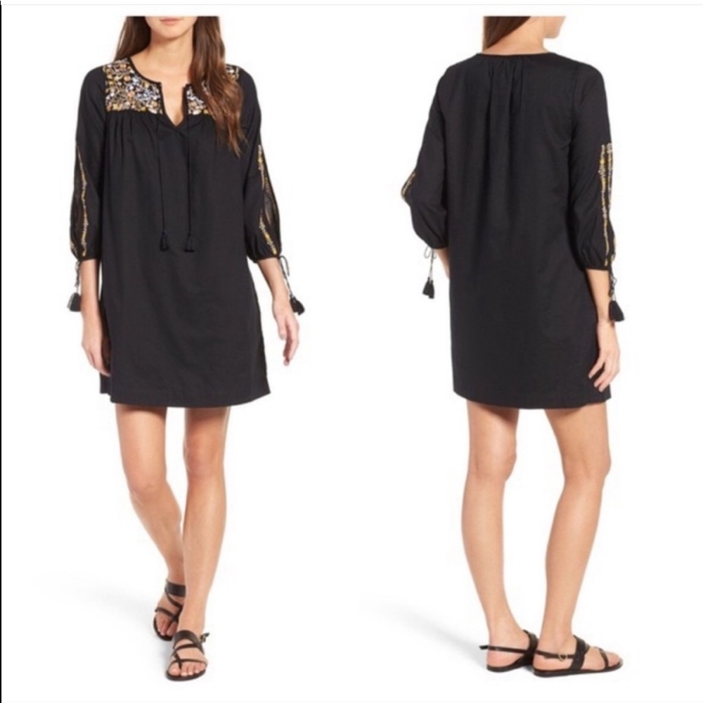 Madewell Black Colorful Floral Embroidered Slit Sleeves Tassel Mini Dress Size M